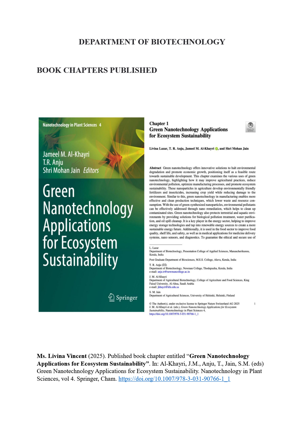 DEPARTMENT OF BIOTECHNOLOGY -BOOK CHAPTER PUBLISHED
